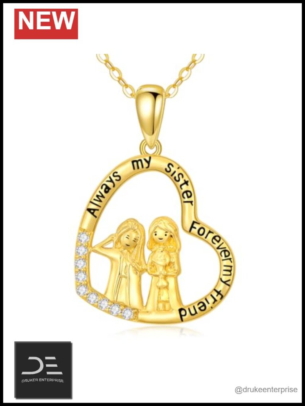 14K Real Gold Sister Necklace Heart Pendant for Women Gift